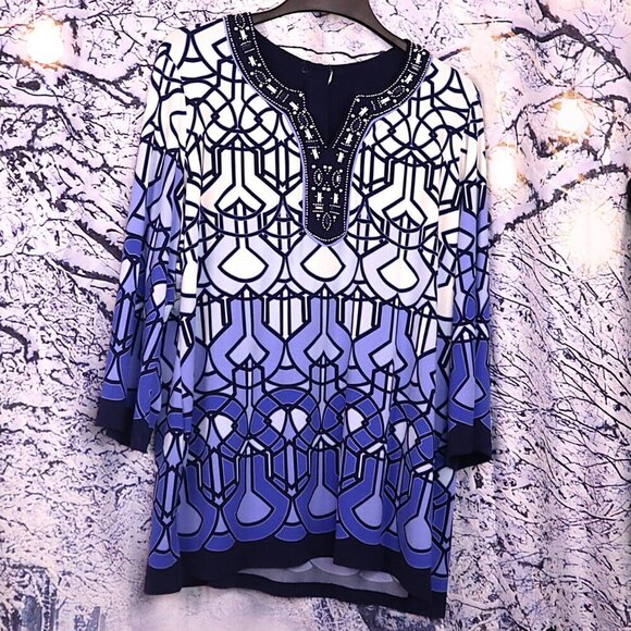 BEADED STAINED GLASS TUNIC 2X Blue White Metallic Beach Packable Vacation Casual - Picture 2 of 7